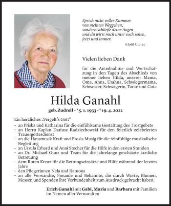Todesanzeige von Hilda Ganahl von Vorarlberger Nachrichten