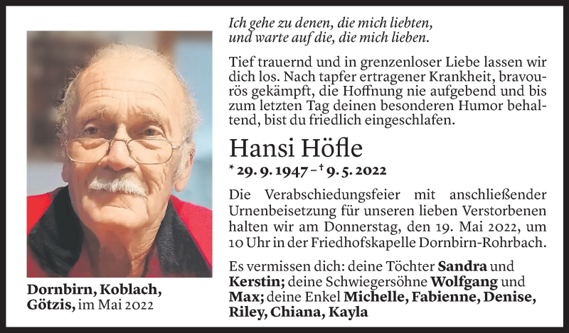  Todesanzeige für Hansi Höfle vom 13.05.2022 aus Vorarlberger Nachrichten