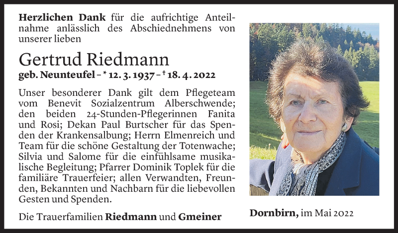  Todesanzeige für Gertrud Riedmann vom 12.05.2022 aus Vorarlberger Nachrichten
