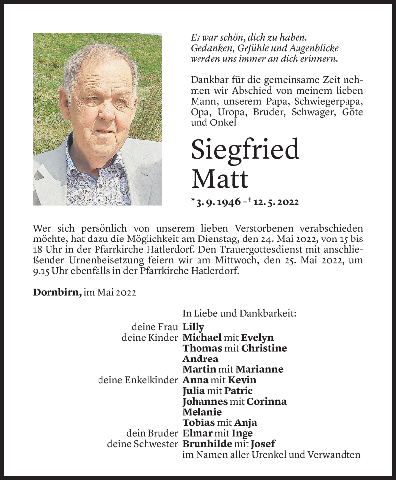  Todesanzeige für Siegfried Matt vom 20.05.2022 aus Vorarlberger Nachrichten