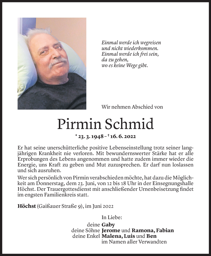  Todesanzeige für Pirmin Schmid vom 21.06.2022 aus Vorarlberger Nachrichten