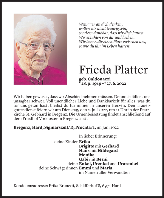Todesanzeige von Frieda Platter von Vorarlberger Nachrichten