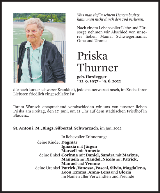Todesanzeige von Priska Thurner von Vorarlberger Nachrichten