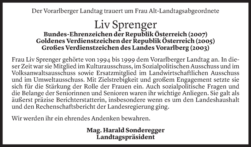  Todesanzeige für Liv Sprenger vom 14.06.2022 aus Vorarlberger Nachrichten