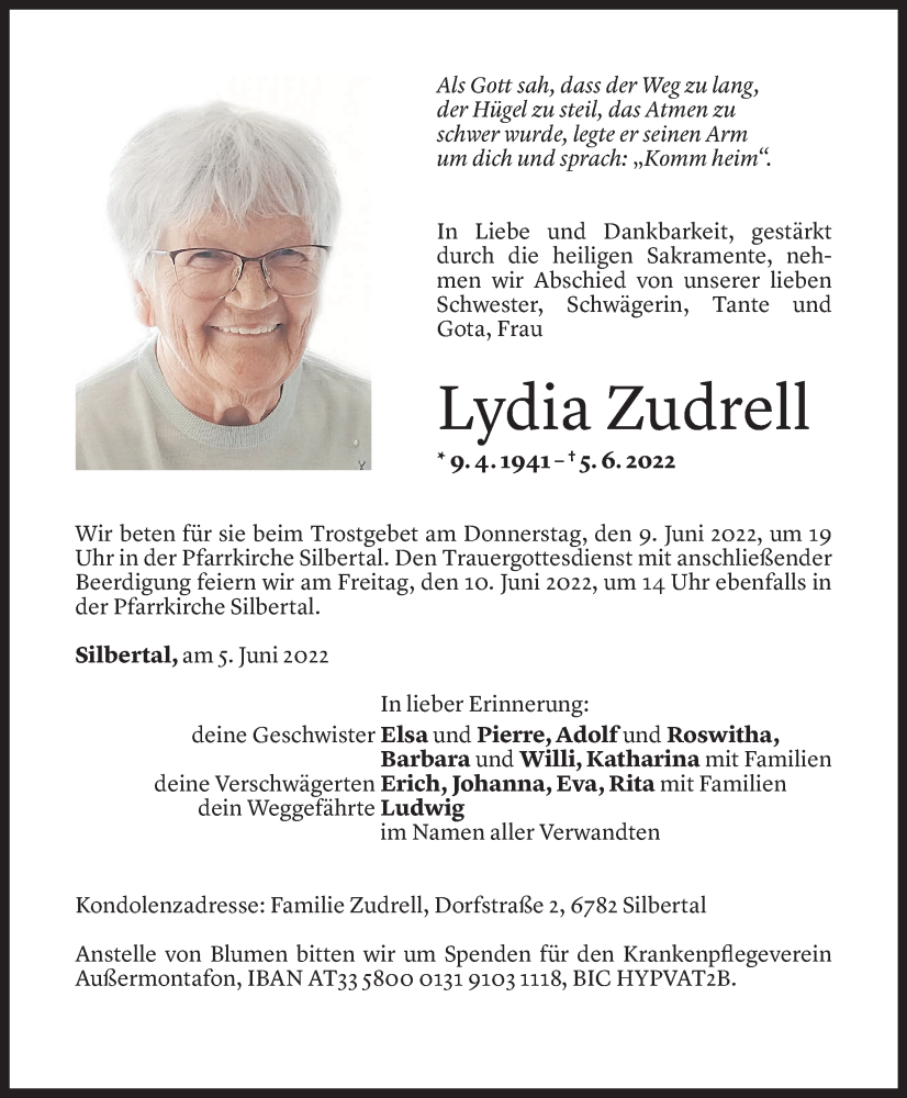  Todesanzeige für Lydia Zudrell vom 07.06.2022 aus Vorarlberger Nachrichten