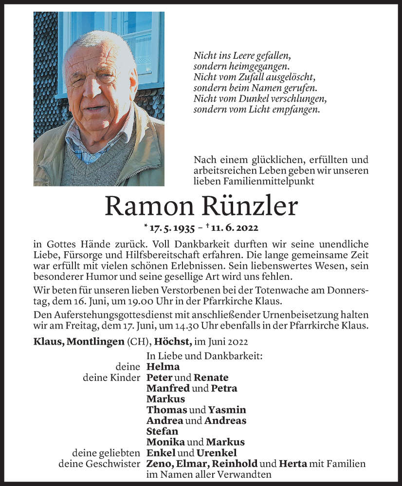  Todesanzeige für Ramon Rünzler vom 15.06.2022 aus Vorarlberger Nachrichten
