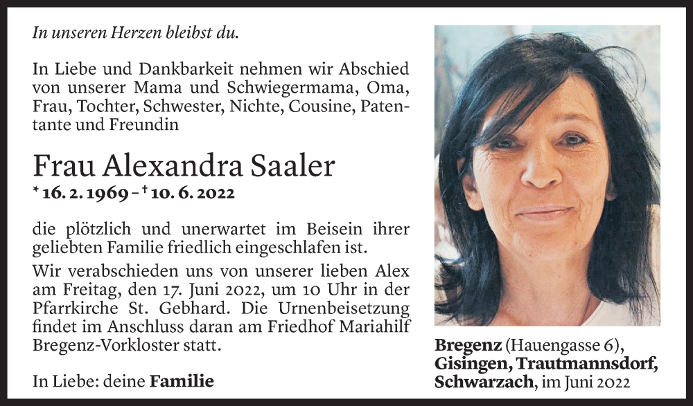  Todesanzeige für Alexandra Saaler vom 14.06.2022 aus Vorarlberger Nachrichten
