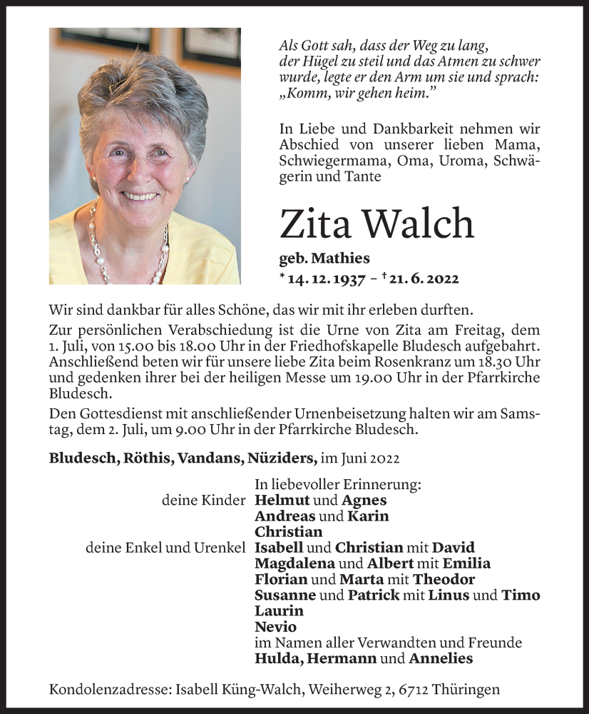  Todesanzeige für Zita Walch vom 28.06.2022 aus Vorarlberger Nachrichten