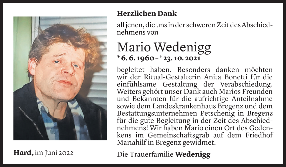  Todesanzeige für Mario Wedenigg vom 03.06.2022 aus Vorarlberger Nachrichten