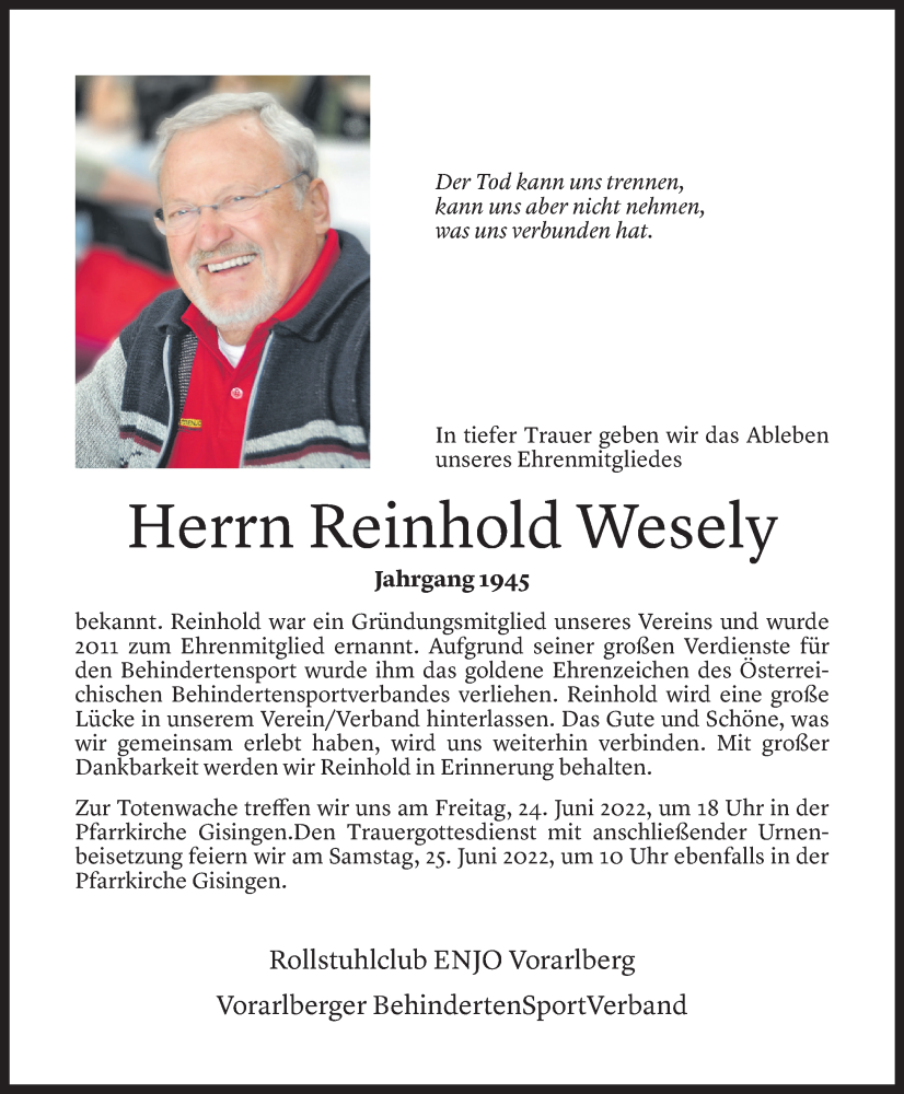  Todesanzeige für Reinhold Wesely vom 22.06.2022 aus Vorarlberger Nachrichten