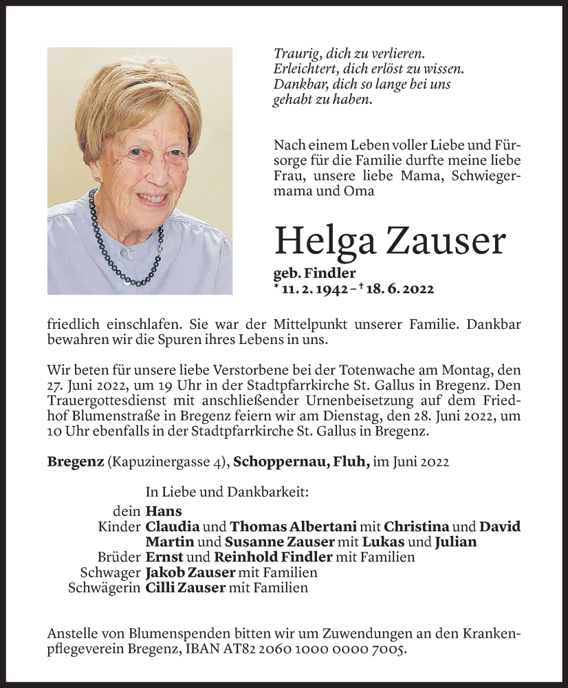  Todesanzeige für Helga Zauser vom 24.06.2022 aus Vorarlberger Nachrichten