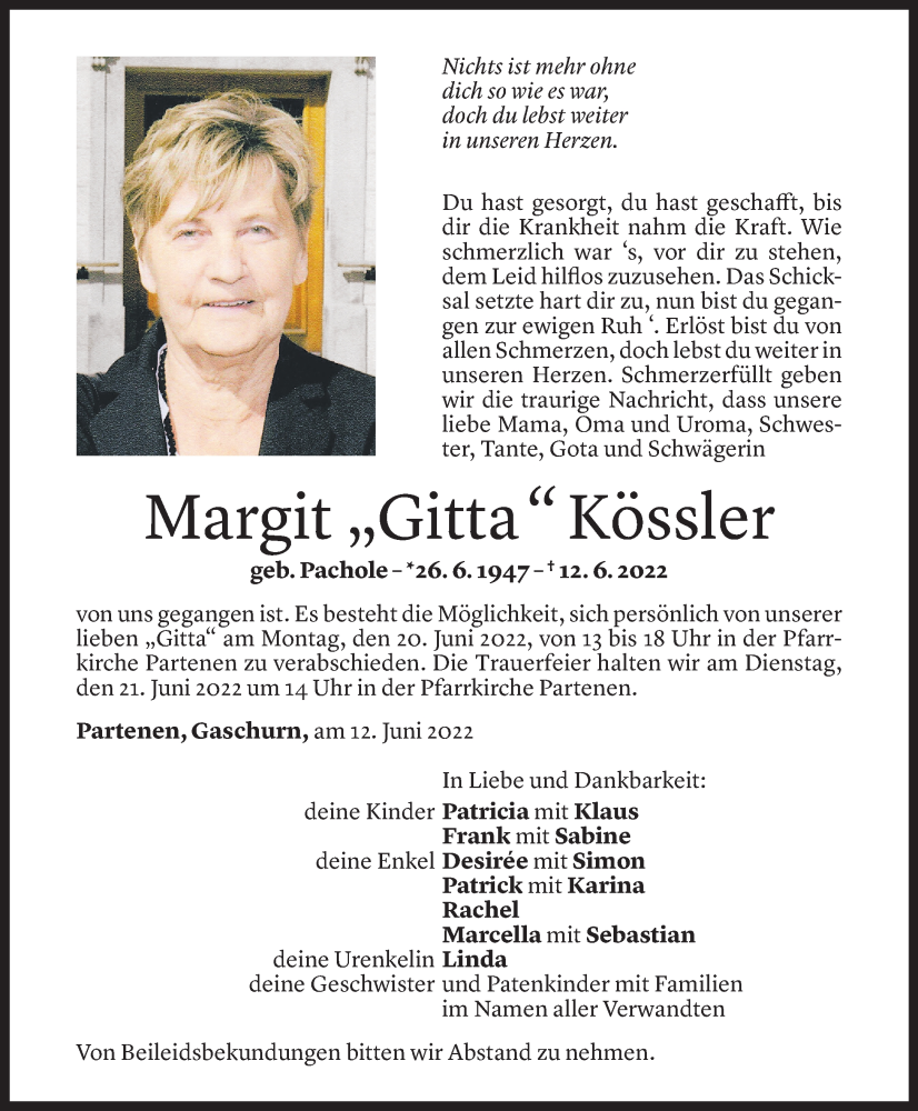  Todesanzeige für Margit Kössler vom 16.06.2022 aus Vorarlberger Nachrichten