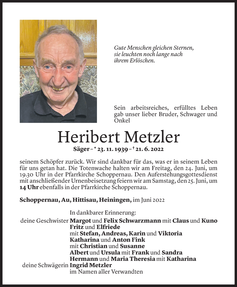  Todesanzeige für Heribert Metzler vom 23.06.2022 aus Vorarlberger Nachrichten