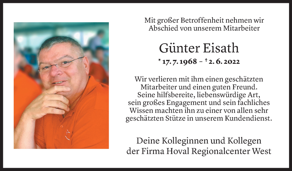  Todesanzeige für Günter Eisath vom 07.06.2022 aus Vorarlberger Nachrichten
