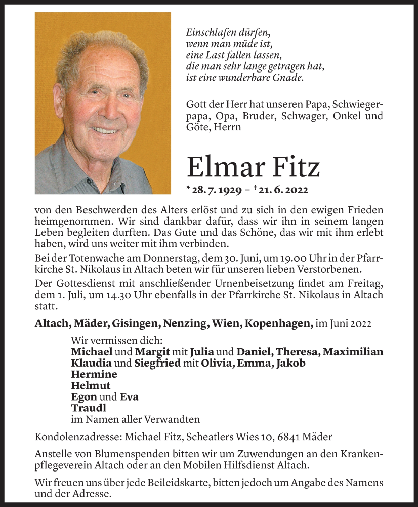  Todesanzeige für Elmar Fitz vom 25.06.2022 aus Vorarlberger Nachrichten