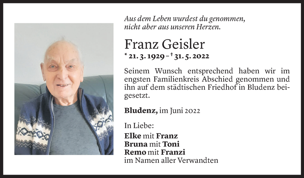  Todesanzeige für Franz Geisler vom 09.06.2022 aus Vorarlberger Nachrichten