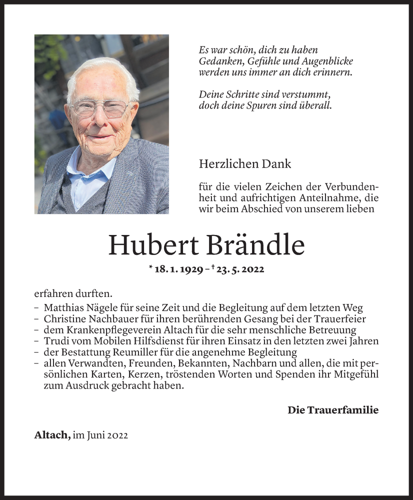  Todesanzeige für Hubert Brändle vom 18.06.2022 aus Vorarlberger Nachrichten