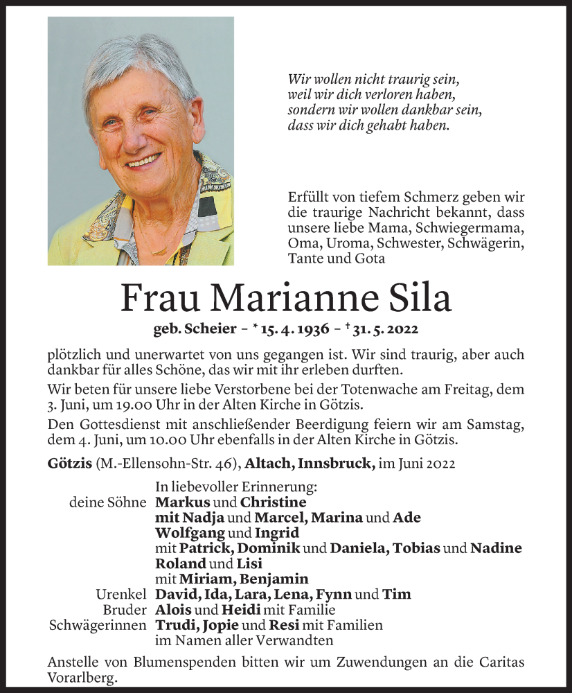  Todesanzeige für Marianne Sila vom 02.06.2022 aus vorarlberger nachrichten