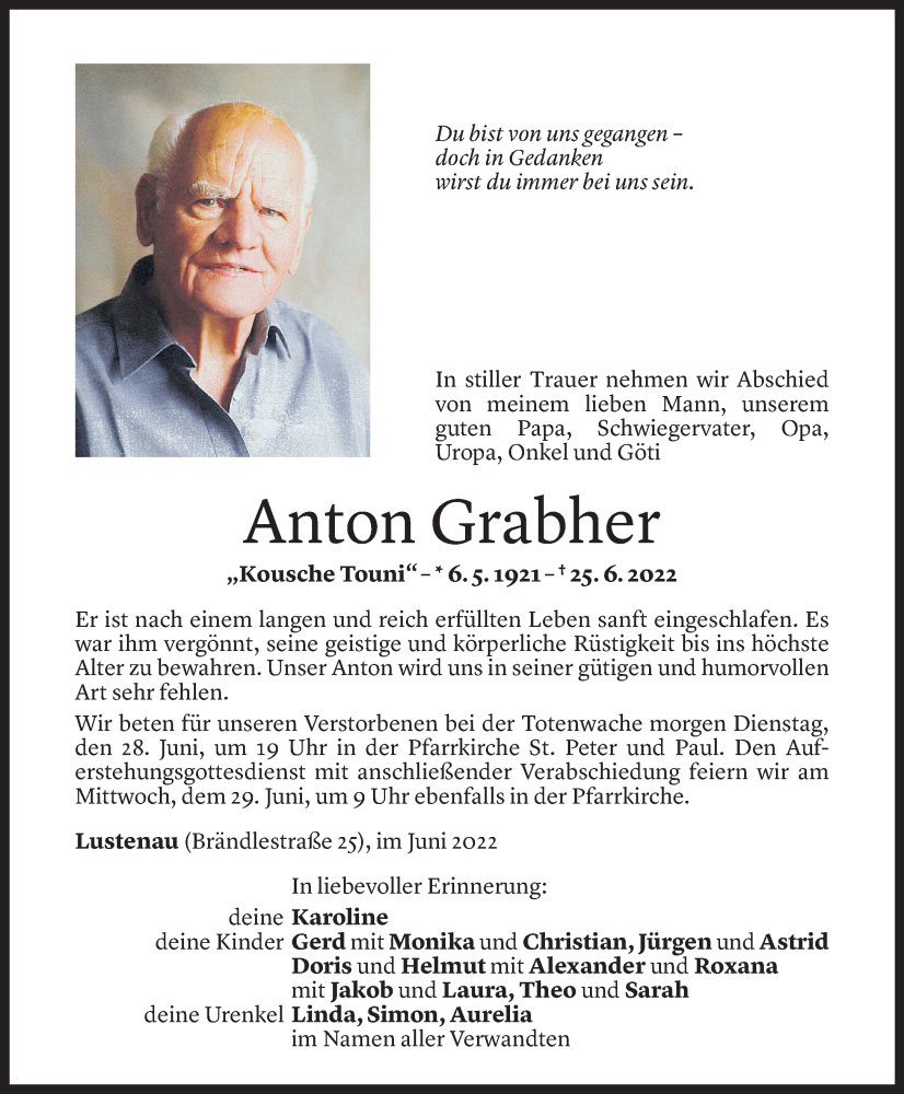  Todesanzeige für Anton Grabher vom 26.06.2022 aus Vorarlberger Nachrichten