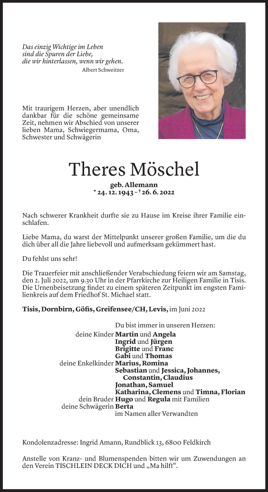 Todesanzeige von Theres Möschel von Vorarlberger Nachrichten