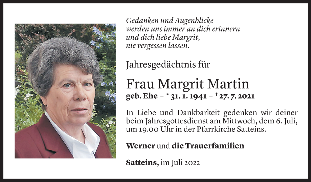  Todesanzeige für Margrit Martin vom 02.07.2022 aus Vorarlberger Nachrichten