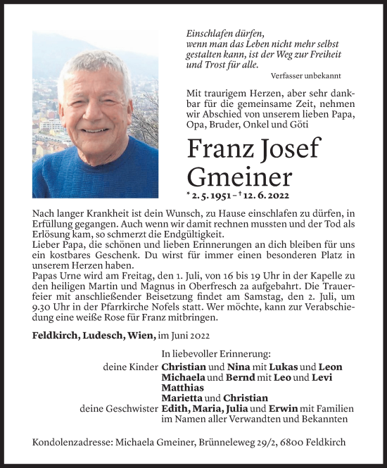 Todesanzeige von Franz Josef Gmeiner von Vorarlberger Nachrichten