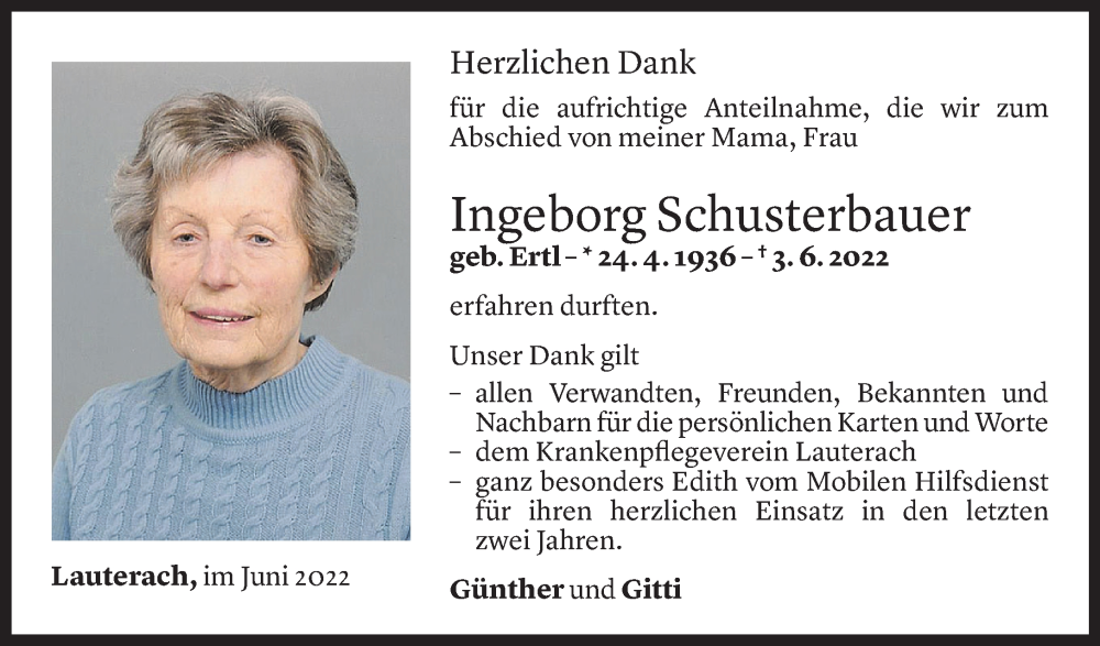  Todesanzeige für Ingeborg Schusterbauer vom 22.06.2022 aus Vorarlberger Nachrichten