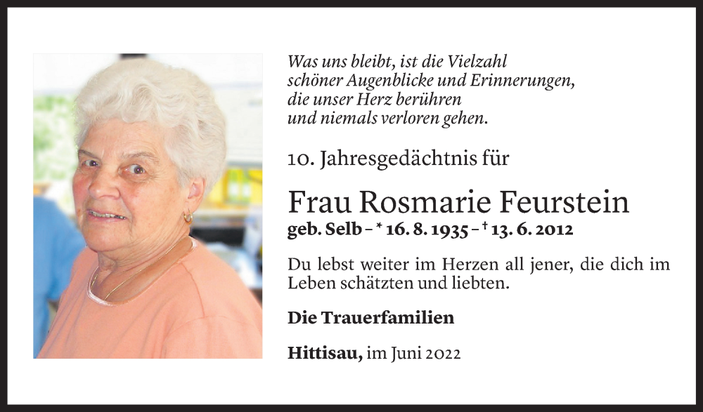  Todesanzeige für Rosmarie Feurstein vom 12.06.2022 aus Vorarlberger Nachrichten