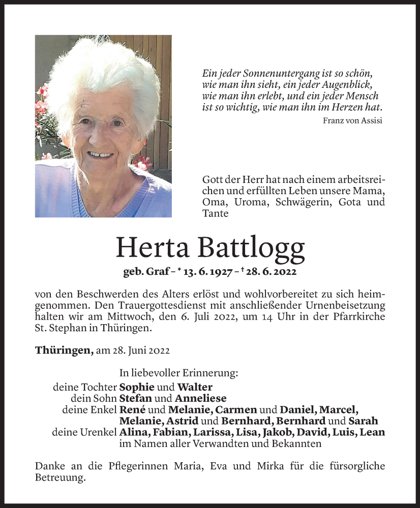  Todesanzeige für Herta Batlogg vom 02.07.2022 aus Vorarlberger Nachrichten