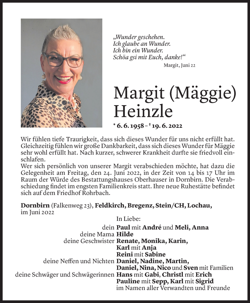  Todesanzeige für Margit Heinzle vom 22.06.2022 aus Vorarlberger Nachrichten