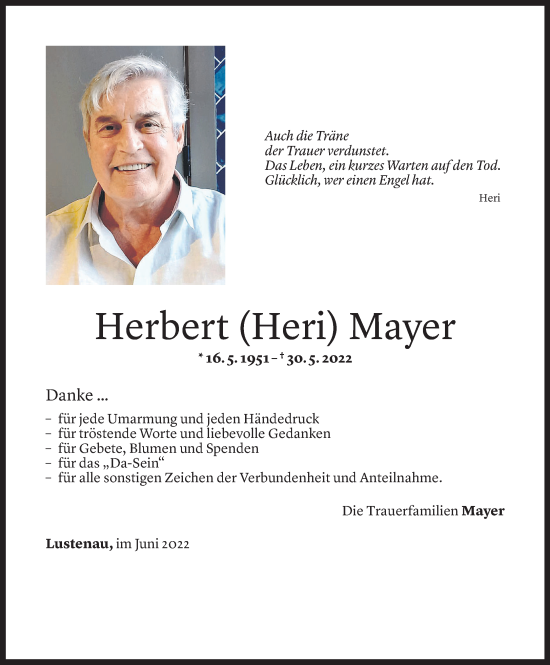 Todesanzeige von Herbert Mayer von Vorarlberger Nachrichten