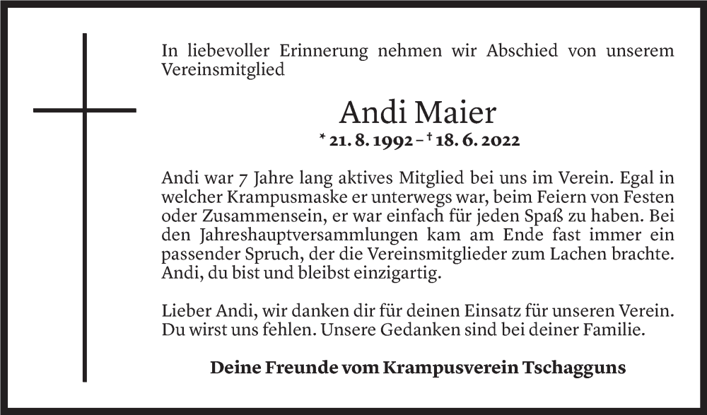  Todesanzeige für Andreas Maier vom 22.06.2022 aus Vorarlberger Nachrichten