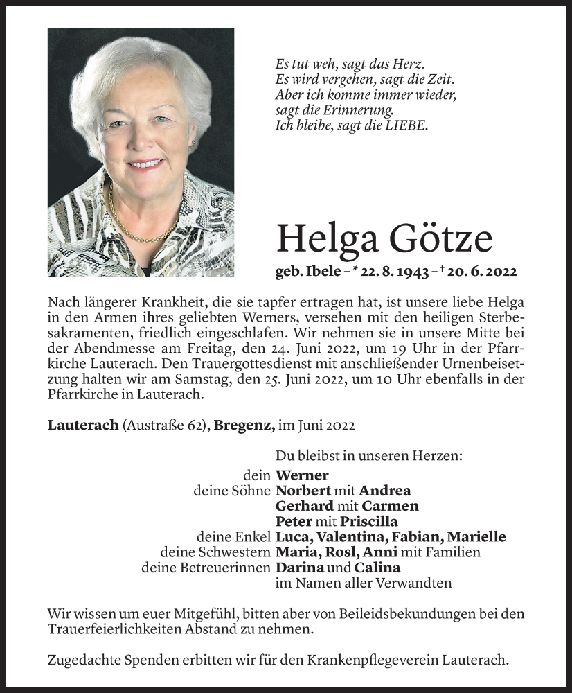  Todesanzeige für Helga Götze vom 22.06.2022 aus Vorarlberger Nachrichten