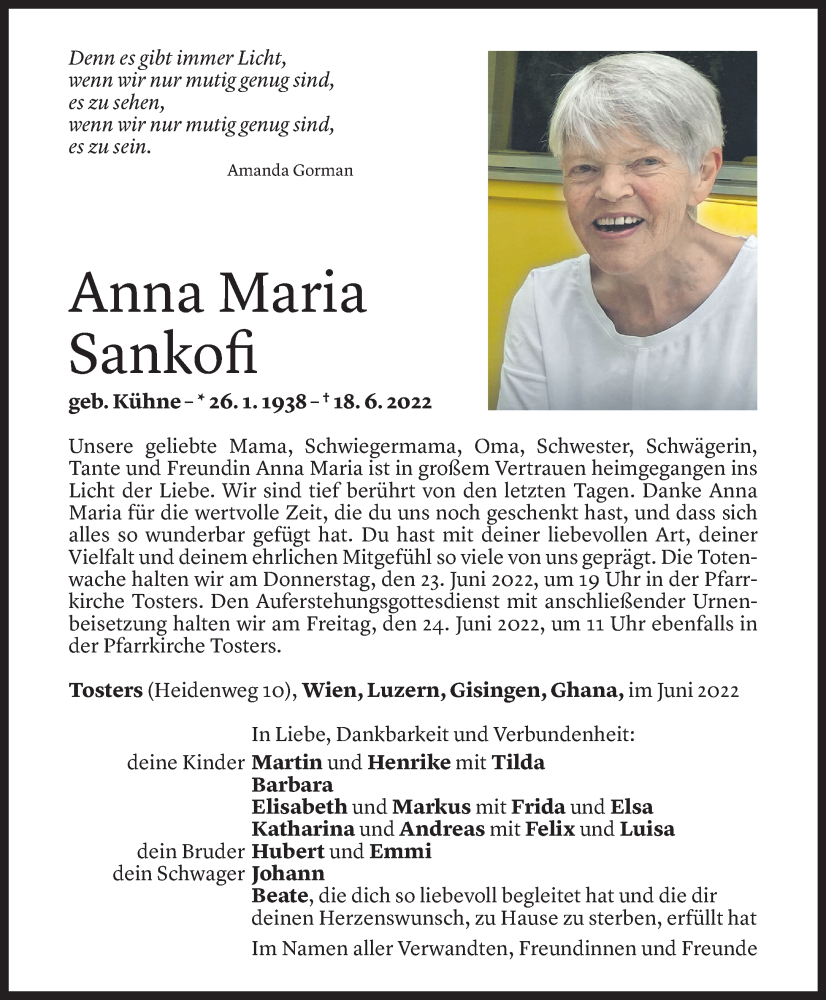  Todesanzeige für Anna Maria Sankofi vom 22.06.2022 aus Vorarlberger Nachrichten