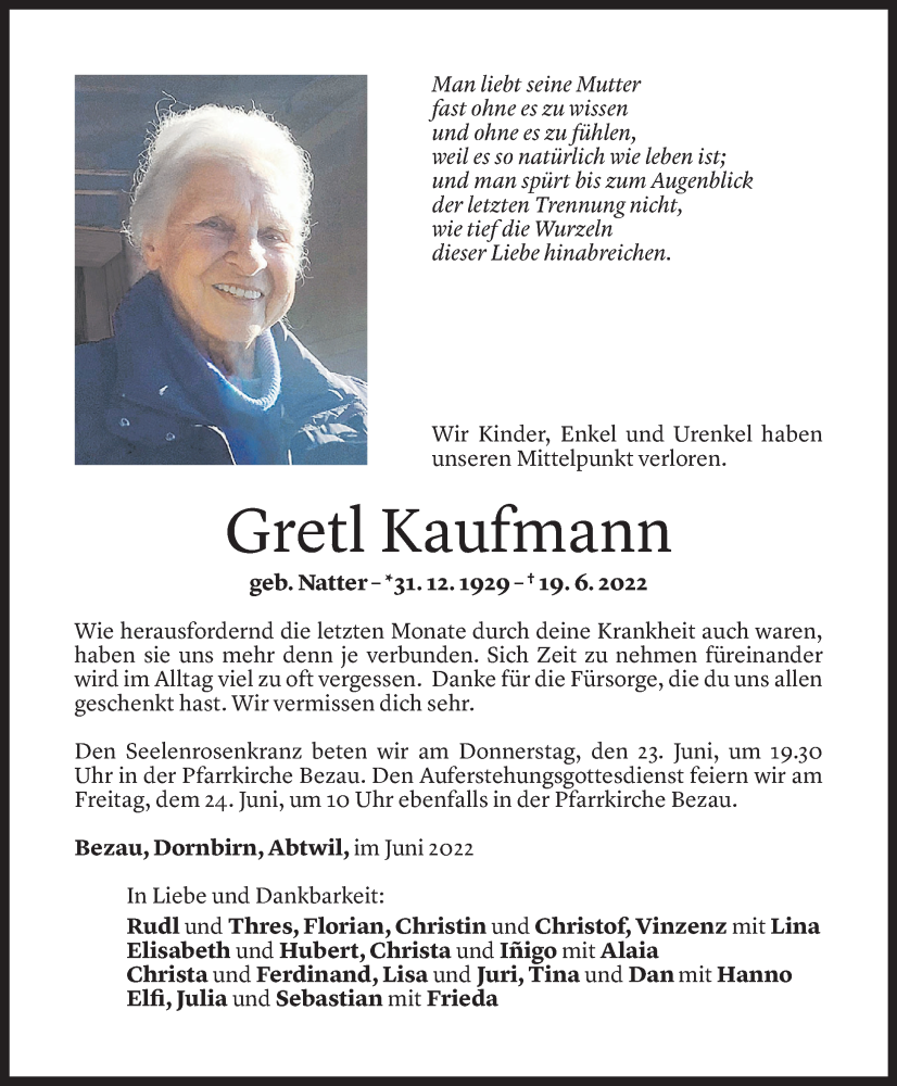  Todesanzeige für Gretl Kaufmann vom 22.06.2022 aus Vorarlberger Nachrichten