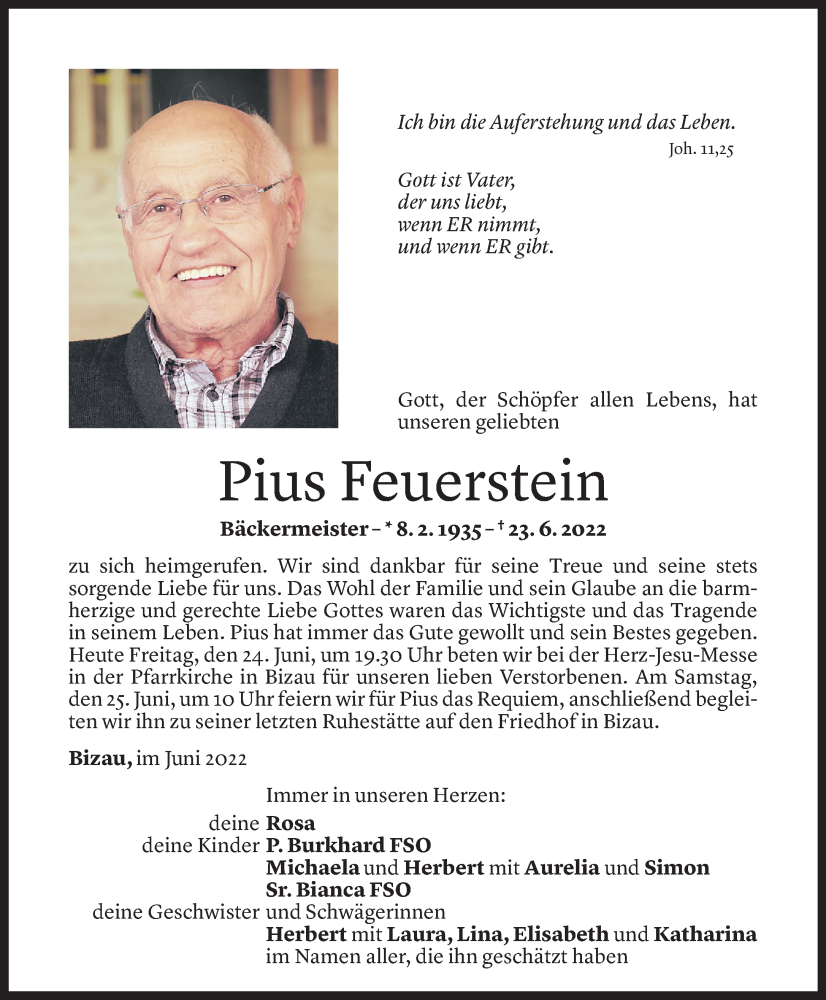  Todesanzeige für Pius Feuerstein vom 23.06.2022 aus Vorarlberger Nachrichten