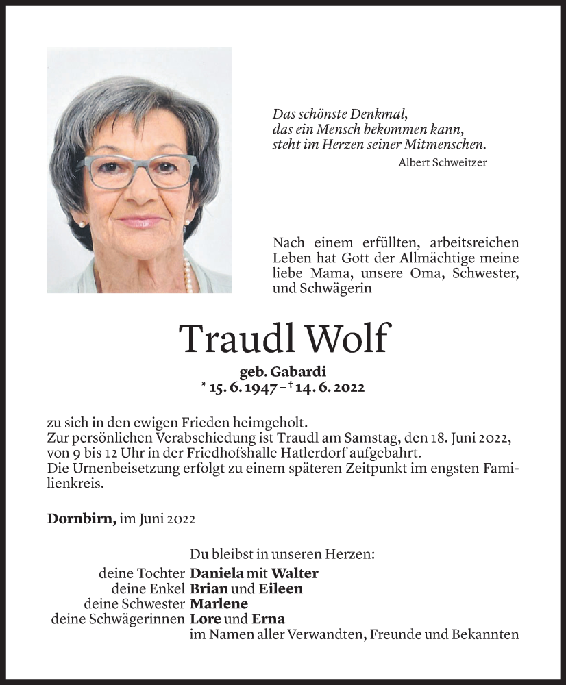  Todesanzeige für Traudl Wolf vom 16.06.2022 aus Vorarlberger Nachrichten