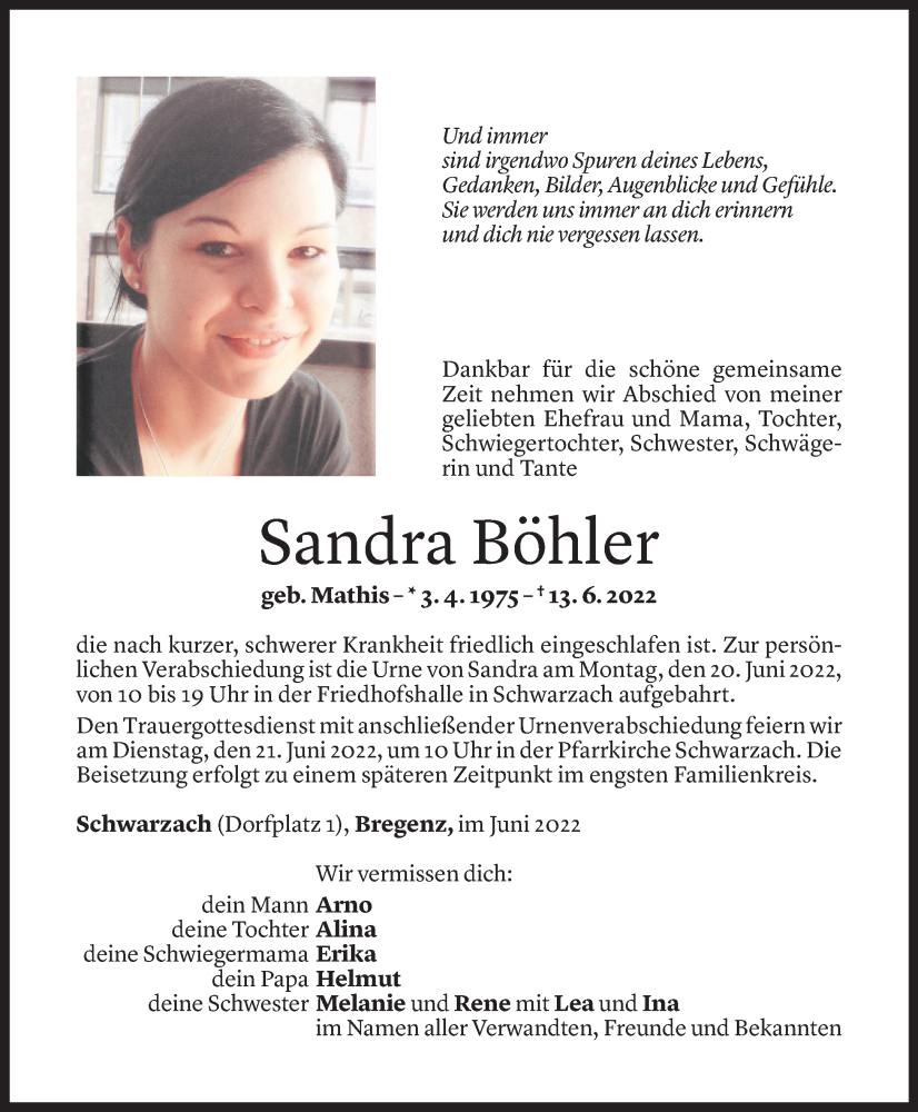  Todesanzeige für Sandra Böhler vom 17.06.2022 aus Vorarlberger Nachrichten