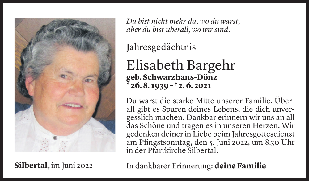  Todesanzeige für Elisabeth Bargehr vom 03.06.2022 aus Vorarlberger Nachrichten