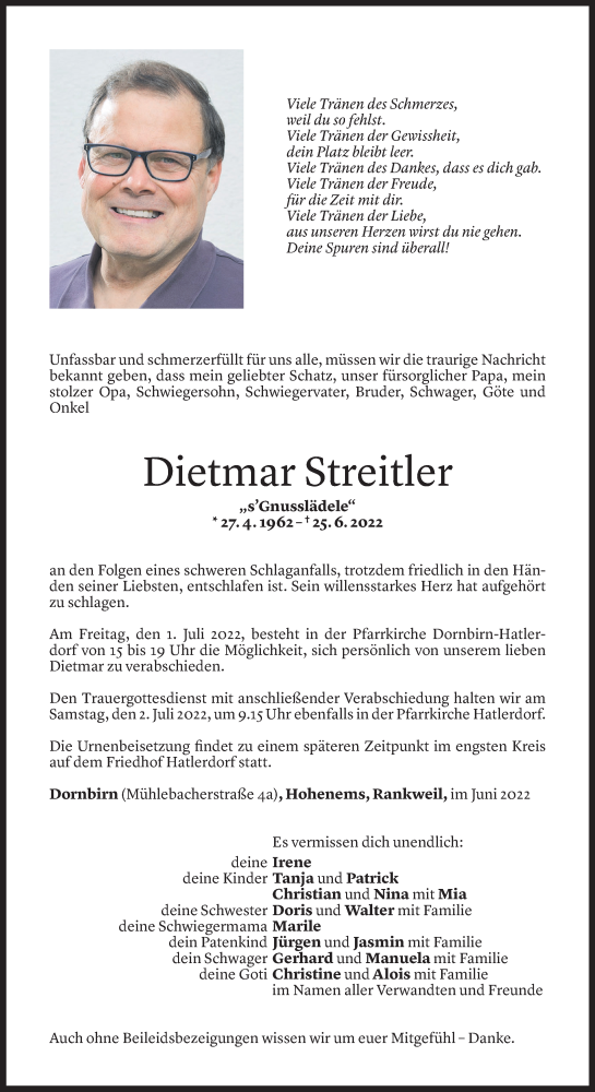  Todesanzeige für Dietmar Streitler vom 29.06.2022 aus Vorarlberger Nachrichten