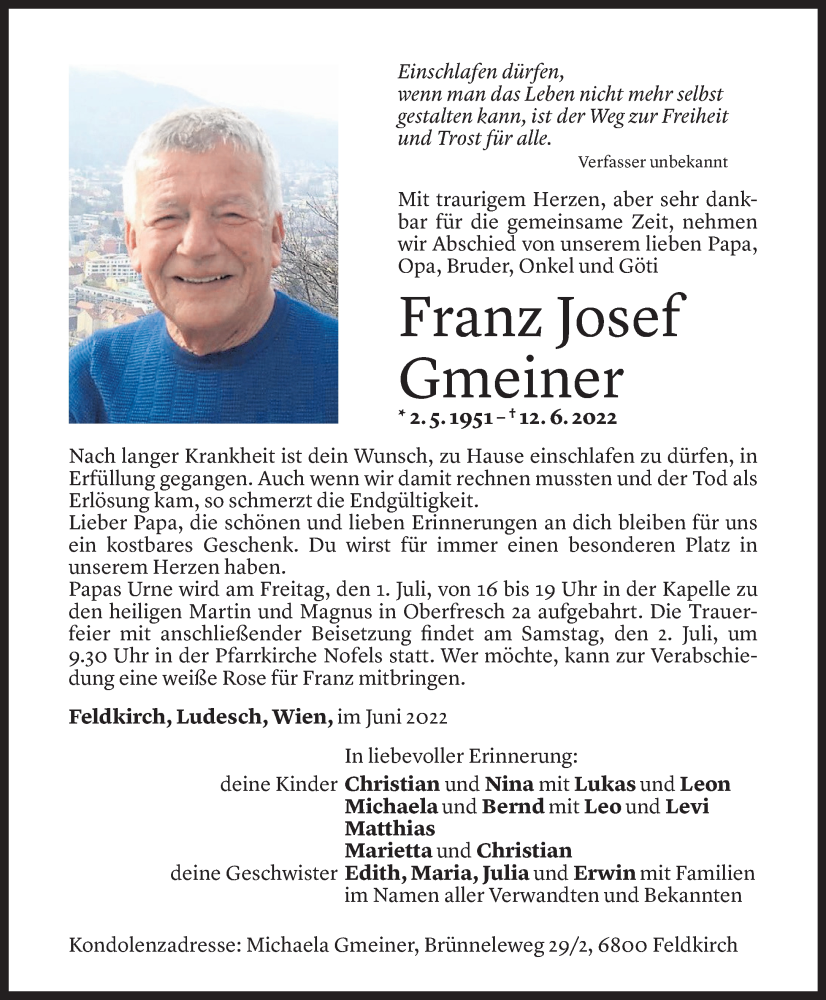  Todesanzeige für Franz Josef Gmeiner vom 24.06.2022 aus Vorarlberger Nachrichten