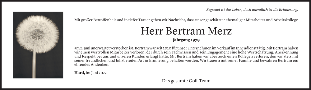  Todesanzeige für Bertram Merz vom 10.06.2022 aus Vorarlberger Nachrichten