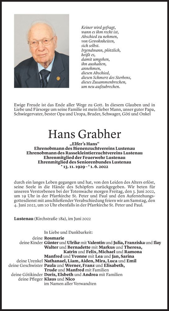  Todesanzeige für Hans Grabher vom 01.06.2022 aus Vorarlberger Nachrichten