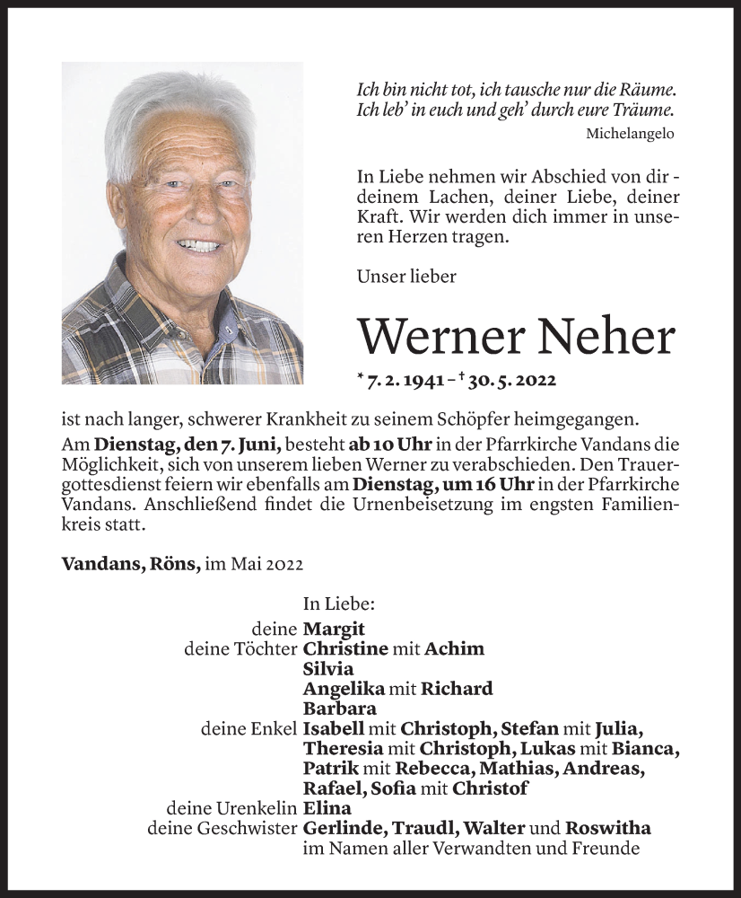  Todesanzeige für Werner Neher vom 03.06.2022 aus Vorarlberger Nachrichten