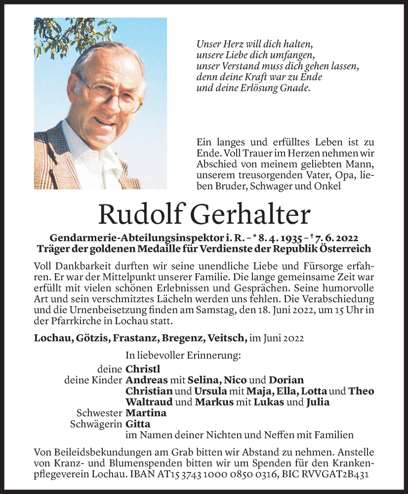  Todesanzeige für Rudolf Gerhalter vom 10.06.2022 aus Vorarlberger Nachrichten