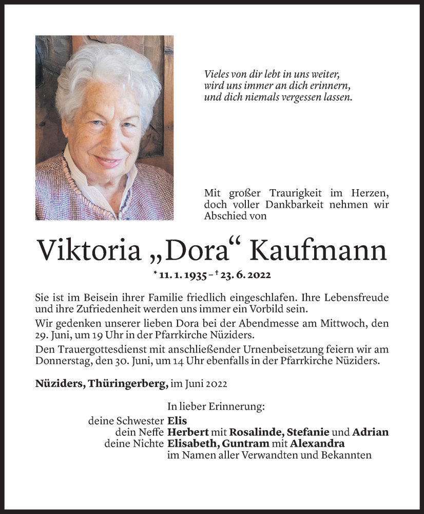  Todesanzeige für Viktoria Kaufmann vom 25.06.2022 aus Vorarlberger Nachrichten