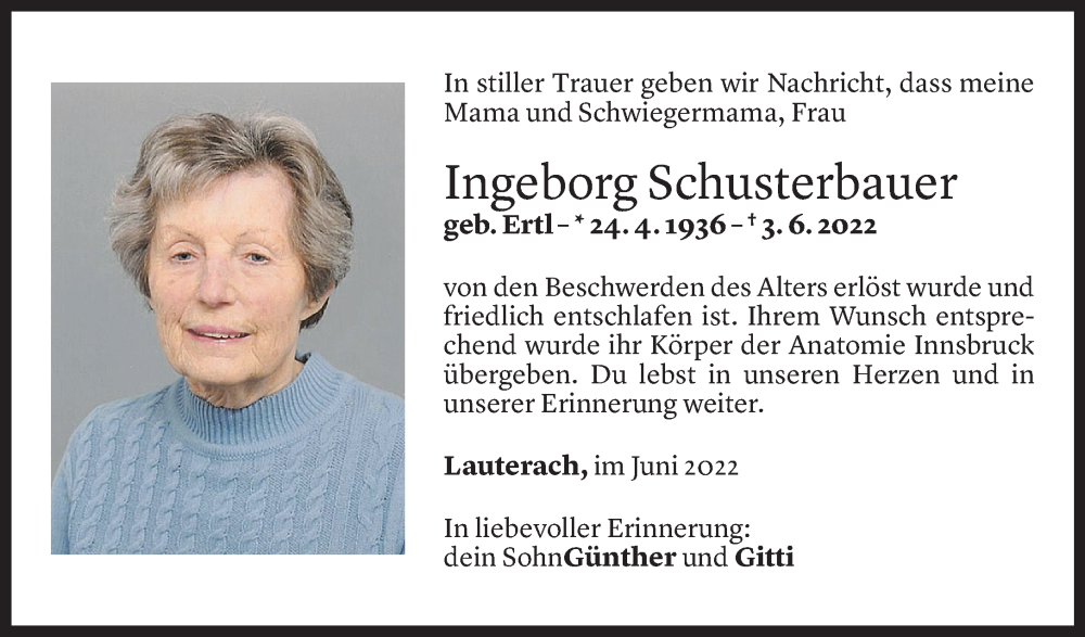  Todesanzeige für Ingeborg Schusterbauer vom 08.06.2022 aus Vorarlberger Nachrichten