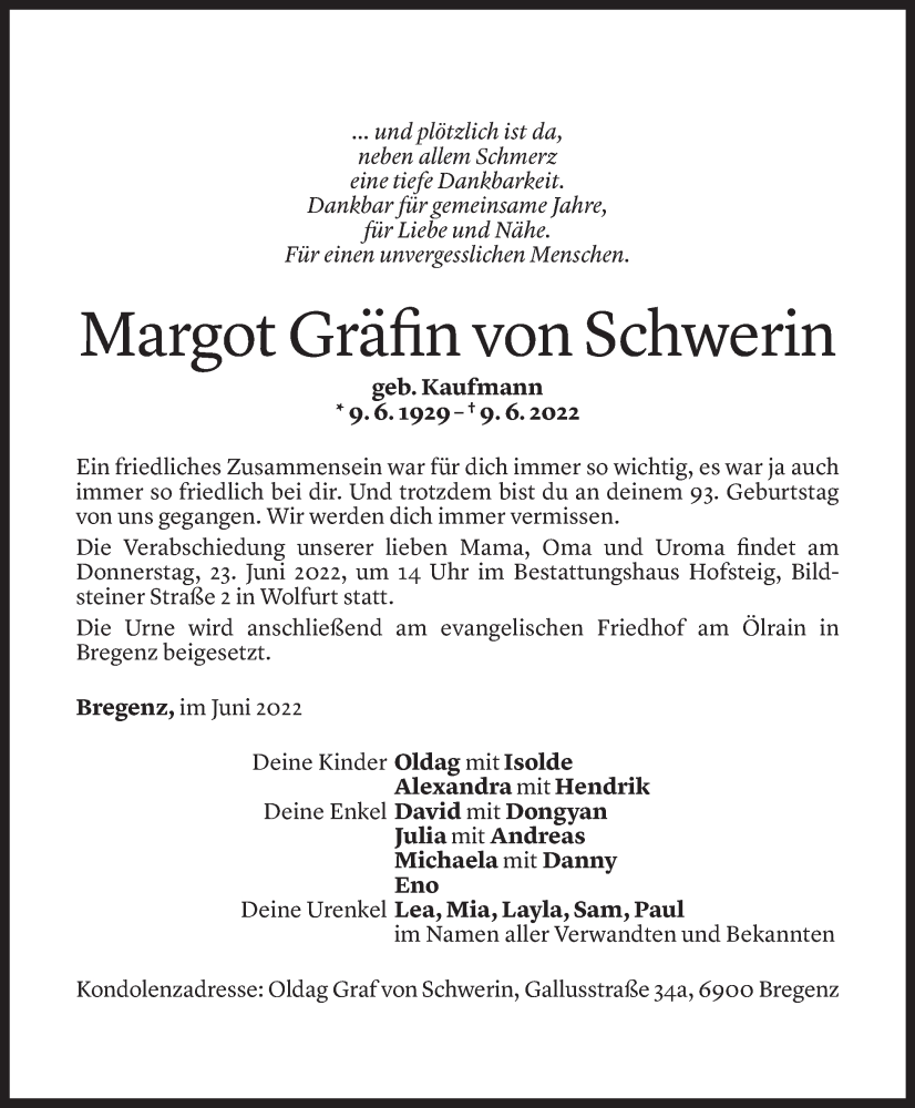  Todesanzeige für Margot Gräfin von Schwerin vom 19.06.2022 aus Vorarlberger Nachrichten