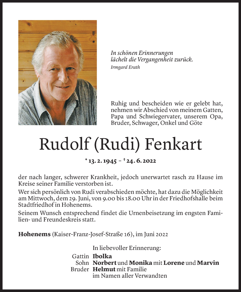  Todesanzeige für Rudolf Fenkart vom 28.06.2022 aus Vorarlberger Nachrichten