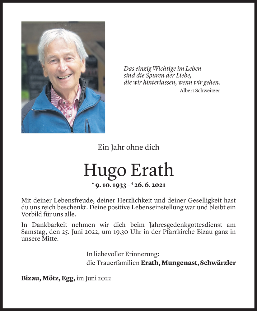  Todesanzeige für Hugo Erath vom 23.06.2022 aus vorarlberger nachrichten